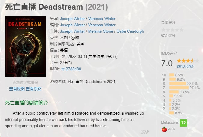 名称：死亡直播 （2022）中文字幕描述：最新伪纪录恐怖片+第一人称视角！烂番茄指数高达94%！链接：