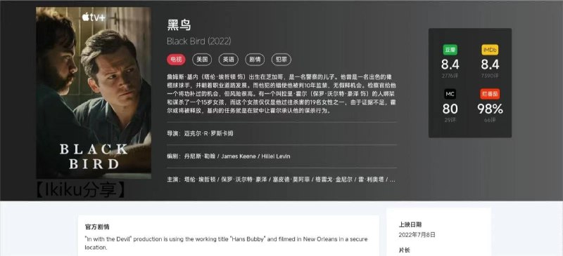 资源名称：黑鸟 Black Bird (2022)更新第六集 1080p描述：詹姆斯·基内（塔伦·六埃哲顿 饰）出生在芝加哥，是一名警察的儿子