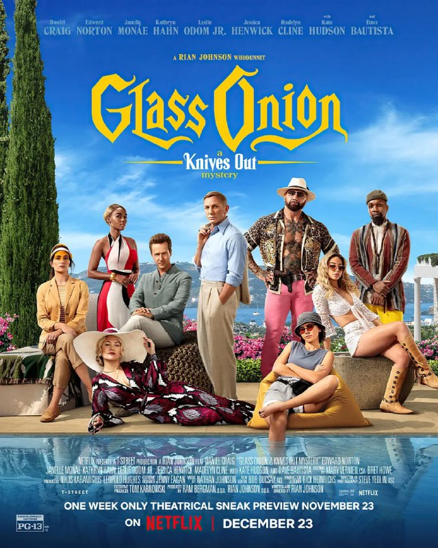 名称：利刃出鞘2：抽丝剥茧/Glass Onion: A Knives Out Mystery (2022)描述：在莱恩·约翰逊的《利刃出鞘》续篇中，侦探贝努瓦·布兰克将前往希腊，破解层层谜团，一众形形色色的全新嫌疑人也将一一登场