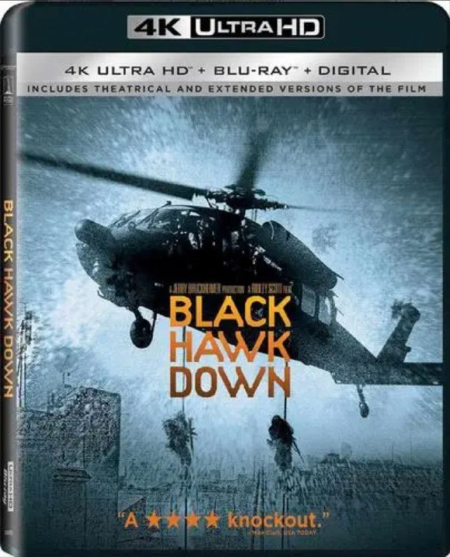 名称：黑鹰坠落 4K(2160P)                     REMUX (蓝光 原盘)描述：Black Hawk Down影片年代：2001影片产地：美国对白语音：英语、粤语、索马里语影片字幕：中字外挂字幕电影简介：该片改编自一个真实的故事，故事发生在1993年10月3日，地点是在政局动荡的非洲国家索马里的首都：摩加迪沙，由美国陆军三角洲部队和游骑兵部队的120名特种精英组成的特别行动小组受命深入摩加迪沙完成双重使命：为当地群众提供人道主义援助，同时捉拿索马里军事政府的两名高级将领