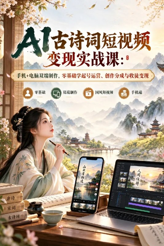 名称：AI古诗词短视频变现实战课：手机+电脑双端制作，零基础学起号运营、创作分成与收徒变现描述：《AI古诗词国风短视频变现实战课》是一套专为自媒体零基础新手、短视频创作者、国风文化爱好者、个人创业者以及想要探索AI视频副业的人群打造的AI古诗词视频制作+账号运营+商业变现系统实战教程