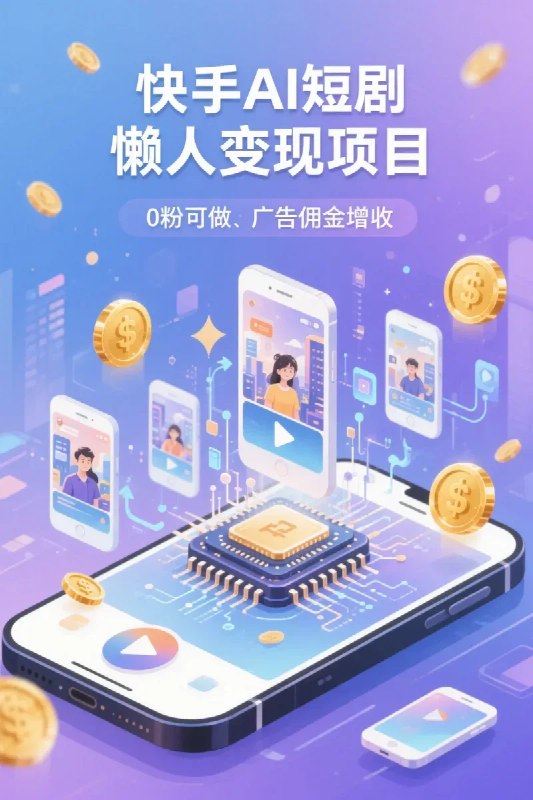 名称：快手AI短剧懒人变现项目，0粉可做，无需剪辑直接搬运，手机简单操作靠短剧广告佣金增收描述：快手AI短剧懒人变现项目，专为零粉丝用户设计