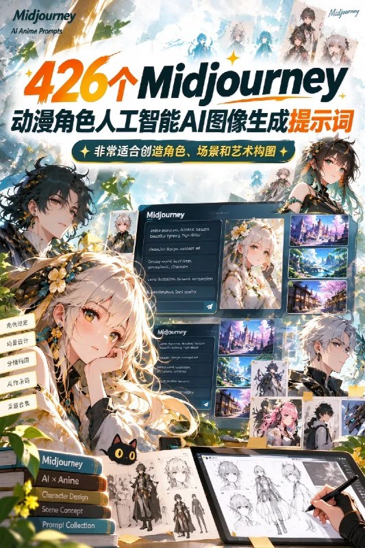 名称：426个Midjourney动漫角色人工智能AI图像生成提示词，非常适合创造角色、场景和艺术构图描述：提示词使用Mowr生成，图像则使用Midjourney生成