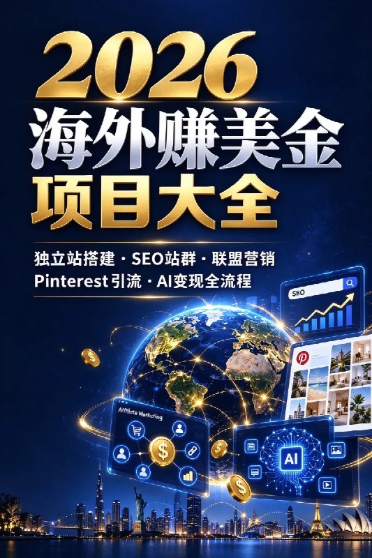 名称：海外赚美金项目大全：独立站搭建、SEO站群、联盟营销、Pinterest引流与AI变现全流程描述：这是一套涵盖23大海外互联网项目的实战变现教程，围绕海外赚美金、独立站搭建、英文SEO优化、AI内容变现、联盟营销、流量套利与数字产品销售等方向展开系统教学