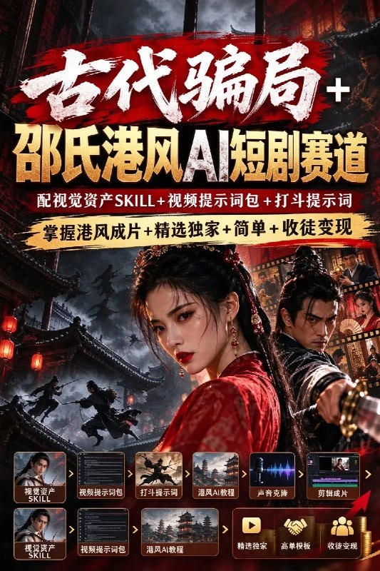 名称：邵氏港风AI短剧赛道：配视觉资产SKILL+视频提示词包+打斗提示词，掌握港风成片+精选独家+商单+收徒变现描述：这是一套围绕【邵氏港风古装＋古代骗局题材＋AI短剧制作＋账号变现】展开的全流程实战课程，从古装骗局题材创作切入，系统讲解港风古装短剧的视觉风格、角色资产、镜头提示词、打斗场景、AI视频生成、声音克隆以及最终成片制作
