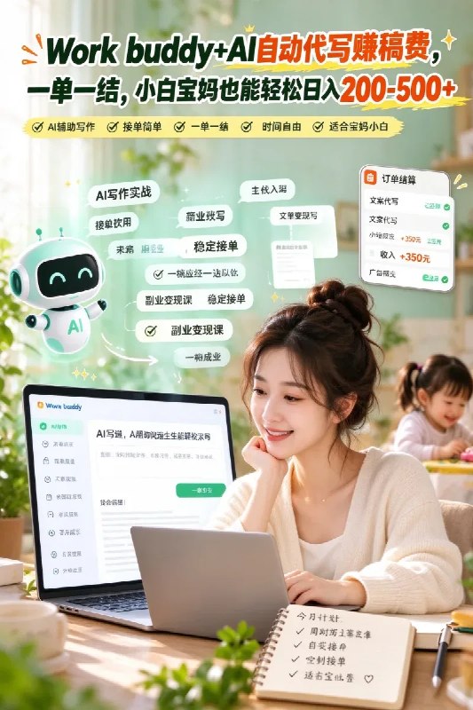名称：Work buddy+AI自动代写賺稿费，一单一结，小白宝妈也能轻松日入200-500+描述：如果你没有任何特长，想找一个稳定且长久的副业，ai代写是很适合你的选择