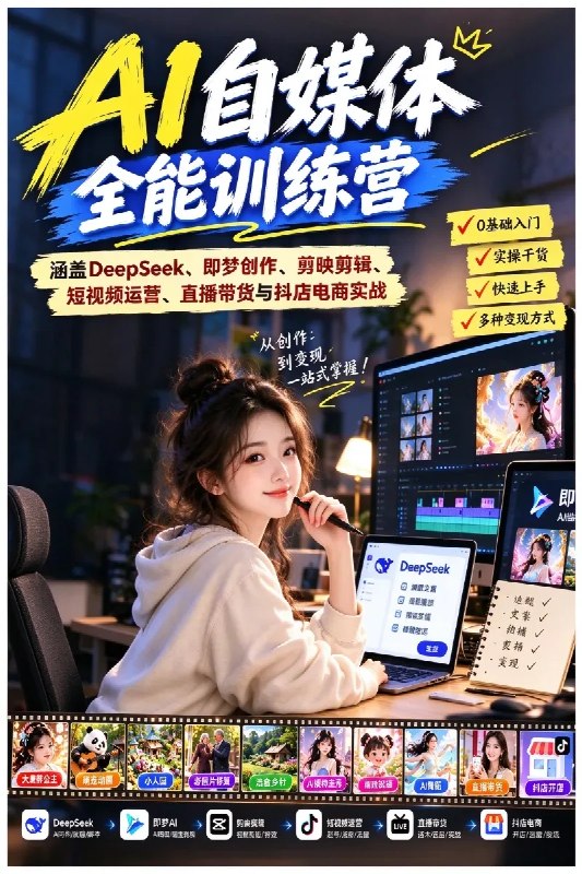 名称：AI+自媒体全能训练营：涵盖DeepSeek、即梦创作、剪映剪辑、短视频运营、直播带货与抖店电商实战描述：本课程是一套涵盖153节视频教学的AI+自媒体全链路实战课程，从零基础入门到短视频创作、账号运营、直播带货及抖店电商变现，系统讲解DeepSeek、即梦AI、数字人等智能工具的使用方法，掌握万能提示词、AI爆款文案、图片生成、人物一致性、AI换脸及图生视频等核心技能
