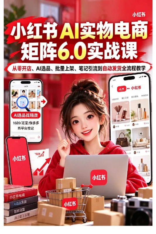 名称：2026小红书AI实物电商矩阵6.0实战课：从零开店、AI选品、批量上架、笔记引流到自动发货全流程教学描述：《小红书AI实物电商矩阵项目6.0》是一套从零基础开店到AI自动化运营、矩阵放大的实战课程，涵盖小红书实物电商完整操作流程