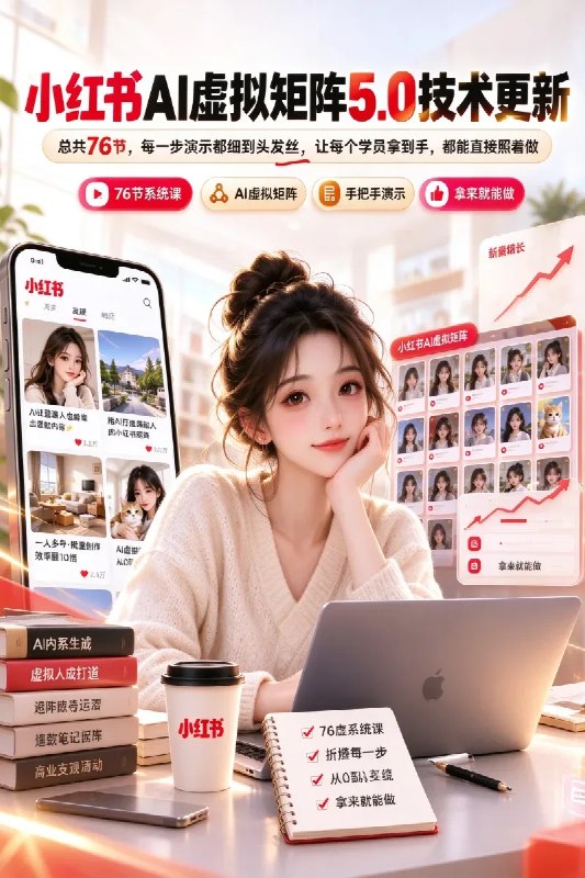 名称：小红书AI虚拟矩阵5.0技术更新，总共76节，每一步演示都细到头发丝，让每个学员拿到手，都能直接照着做描述：边学，边照着做，边指导！这样拿结果快点！！这套打法，无论是拿结果的速度，还是最终结果，都是非常OK的