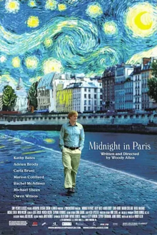 名称：午夜巴黎 Midnight in Paris描述：吉尔（欧文•威尔逊 Owen Wilson 饰）携未婚妻伊内兹（瑞秋•麦克亚当斯 Rachel McAdams 饰）陪着岳父岳母来巴黎度假
