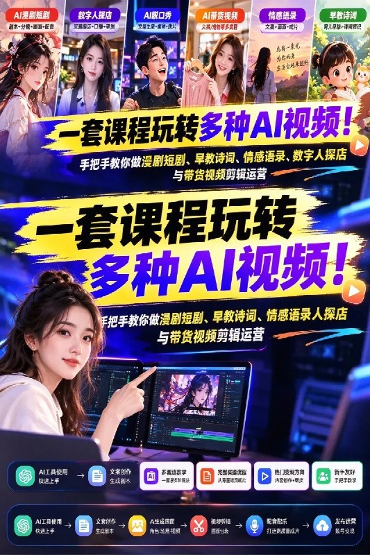 名称：一套课程玩转多种AI视频！手把手教你做漫剧短剧、早教诗词、情感语录、数字人探店与带货视频剪辑运营描述：《AI视频从零到精通实操大全》是一套面向零基础新手的AI短视频全链路实战课程，覆盖AI短剧漫剧、实体探店、AI数字人、各类短视频制作、剪映剪辑、账号起号及运营变现等多个方向