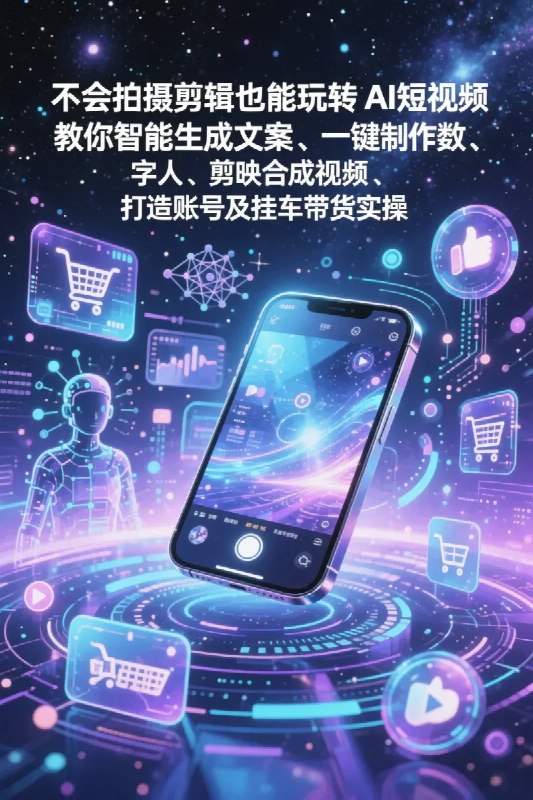 名称：不会拍摄剪辑也能玩转AI短视频：教你智能生成文案、一键制作数字人、剪映合成视频、打造账号及挂车带货实操描述：《不会拍摄剪辑也能玩转AI短视频》专为零基础用户打造