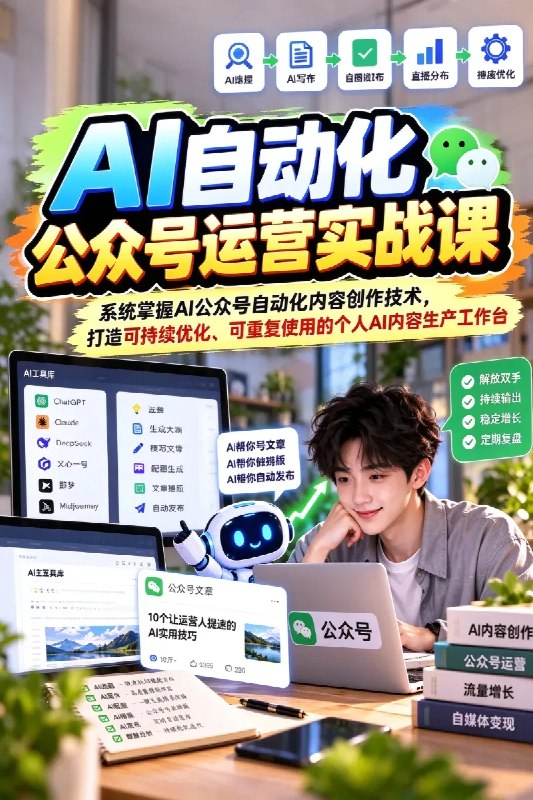 名称：AI自动化公众号运营实战课，系统掌握AI公众号自动化内容创作技术，打造可持续优化、可重复使用的个人AI内容生产工作台描述：《AI自动化公众号运营实战课》是一套围绕AI智能体搭建、Claude Code项目开发、Hermes Agent部署及微信公众号内容自动化生产打造的系统实战教程
