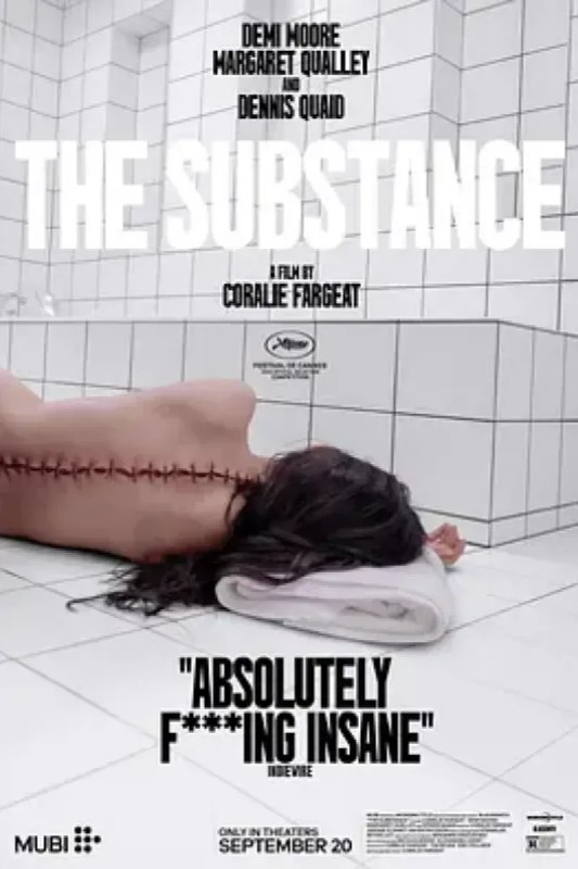 名称：某种物质 The Substance描述：曾经红极一时的好莱坞巨星伊丽莎白（黛米·摩尔 Demi Moore 饰），无法面对自己老去的容颜，决定使用一种名为“完美物质”的黑市药物，透过注射药物的细胞复制物质，创造出更年轻、更好的另一个自己（玛格丽特·库里 Margaret Qualley 饰）