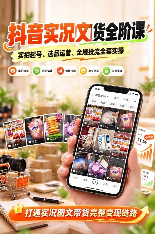 名称：抖音实况图文带货全阶课｜实拍起号、选品运营、全域投流全套实操，打通实况图文带货完整变现链路描述：《抖音实况图文带货全阶课》是一套完整的实况图文带货实操体系课，适合想做图文带货、不想真人出镜直播的电商达人