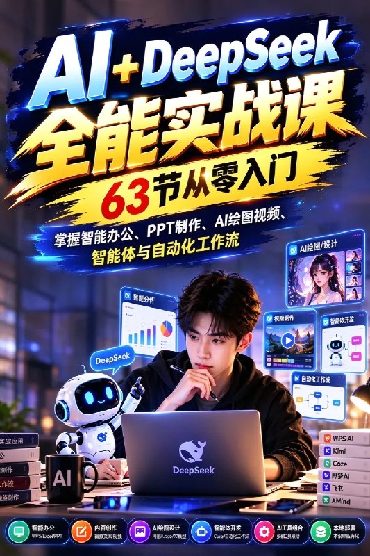 名称：AI+DeepSeek全能实战课：63节从零入门，掌握智能办公、PPT制作、AI绘图视频、智能体与自动化工作流描述：本课程是一套涵盖63节实战教学的AI+DeepSeek全能应用课程，从DeepSeek基础入门、高效提问、高阶提示词技巧到本地部署与私人知识库搭建，系统讲解AI在办公提效、内容创作、设计制作、智能体开发及自动化工作流中的实际应用