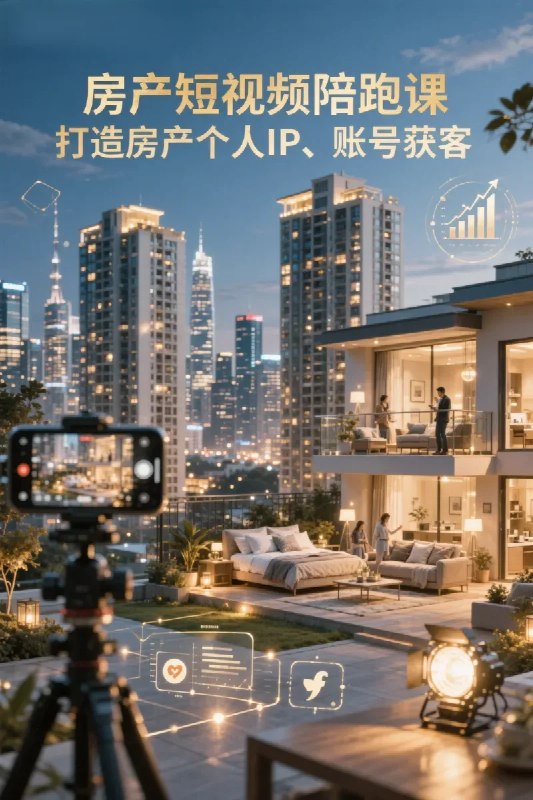 名称：房产短视频陪跑课，打造房产个人IP、账号获客描述：本课程专为房地产经纪从业者设计，系统化教学如何通过短视频打造个人IP并高效获客
