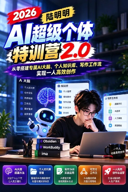 名称：2026AI超级个体特训营2.0：从零搭建专属AI大脑、个人知识库、写作工作流，实现一人高效创作描述：《AI超级个体训练营2.0》是一套面向零基础新手、自媒体创作者及个人创业者的AI实战课程，核心围绕AI大脑搭建、个人知识库管理、专属写作风格训练、爆款素材收集、AI原创文案生成及自动化工作流落地展开
