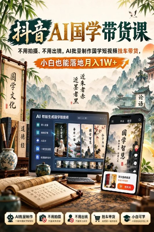 名称：抖音AI国学带货课，不用拍摄、不用出镜，AI批量制作国学短视频挂车带货，小白也能落地月入1W+描述：《惊鸿AI国学带货课》是一套面向零基础新手的抖音国学赛道AI带货实战课程，主打无需实拍、不用出镜，依靠AI工具批量制作国学短视频，挂载小黄车賺取商品佣金