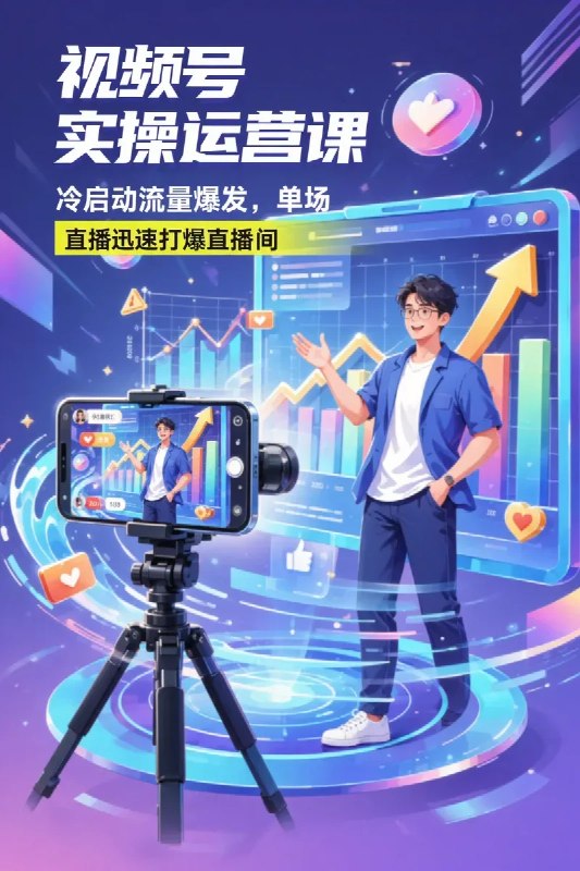 名称：视频号实操运营课，冷启动流量爆发，单场直播迅速打爆直播间描述：想在视频号快速起号却总卡在冷启动阶段？这套2.0版运营课程从底层算法解析到实战操盘，揭秘单场直播破万流量的核心逻辑