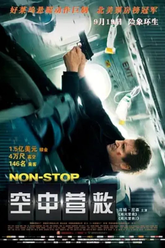 名称：空中营救 Non-Stop描述：Bill Marks（利亚姆·尼森 Liam Neeson 饰）是一名空警，奉命在一架飞往伦敦的飞机上执行安保任务