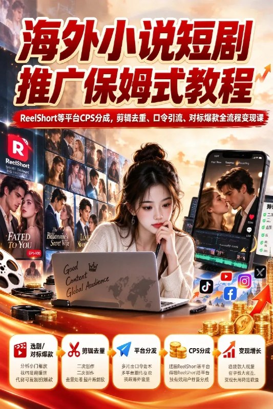 名称：海外小说短剧推广保姆式教程｜ReelShort等平台CPS分成，剪辑去重、口令引流、对标爆款全流程变现课描述：海外短剧市场持续爆发，北美、东南亚、中东都是高增量市场，项目采用CPS销售分成模式，推广ReelShort、Drama Box等短剧平台，引导用户下载APP充值，即可拿到55%-70%高额分成