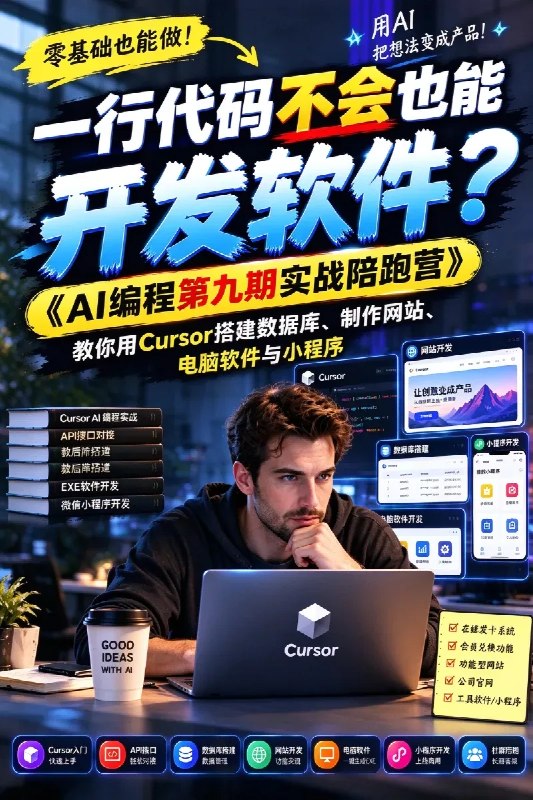 名称：一行代码不会也能开发软件？《AI编程实战陪跑营》教你用Cursor搭建数据库、制作网站、电脑软件与小程序描述：本课程是AI零代码编程开发实战陪跑项目，专为没有编程基础、看不懂代码却想独立开发软件和网站的新手打造