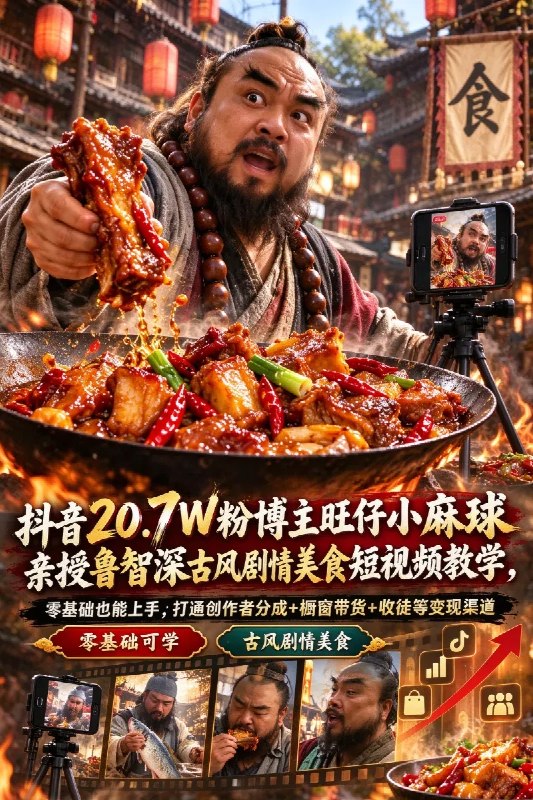 名称：抖音20.7W粉博主旺仔小麻球亲授鲁智深古风剧情美食短视频教学，零基础也能上手，打通创作者分成+橱窗带货+收徒等变现渠道描述：本课程由抖音20.7 W粉博主旺仔小麻球亲授，主打鲁智深古风剧情美食短视频爆款打法