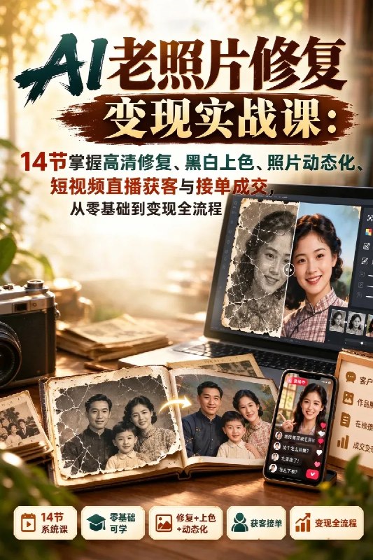 名称：AI老照片修复变现实战课：14节掌握高清修复、黑白上色、照片动态化、短视频直播获客与接单成交，从零基础到变现全流程描述：《AI老照片修复商业变现实战课》是一套专为AI零基础新手、自媒体创作者、短视频运营人员、自由职业者以及想要探索轻资产副业的人群打造的AI老照片修复技术+短视频引流+直播获客+商业接单系统实战教程