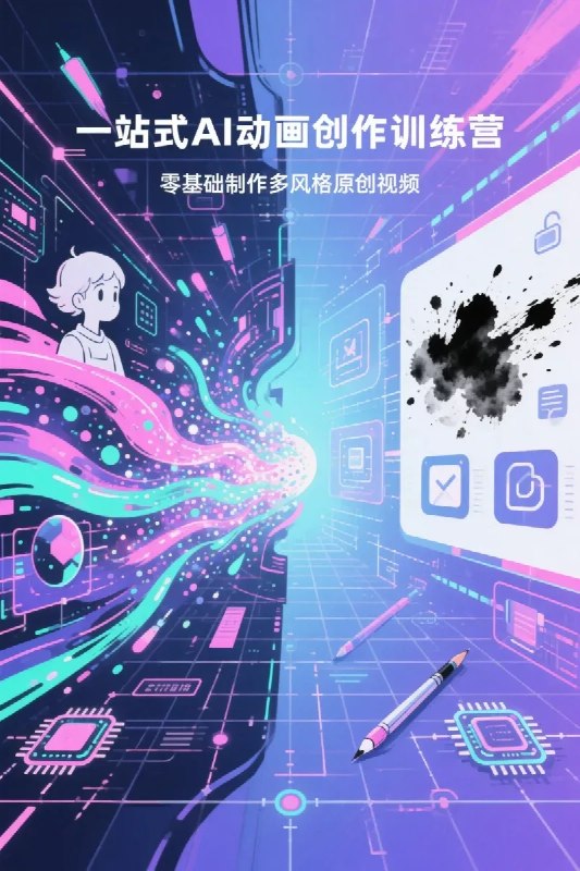名称：一站式AI动画创作训练营，零基础制作多风格原创视频描述：课程专为动画爱好者、内容创作者及希望掌握AI新技能的学员设计，无需任何绘画或技术背景