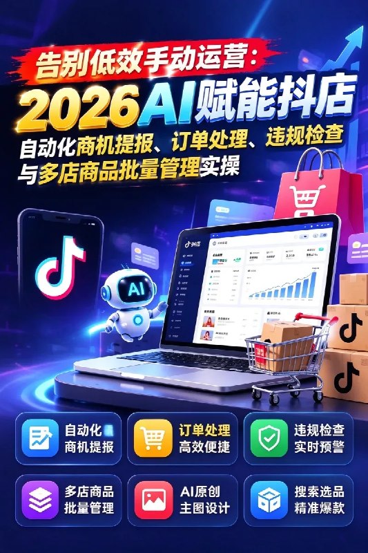 名称：告别低效手动运营：2026AI赋能抖店自动化商机提报、订单处理、违规检查与多店商品批量管理实操描述：这是一套面向抖音电商新手及店铺运营者的实操型课程，围绕抖店从零搭建、店铺起店、选品上架到订单履约与店群管理的完整运营流程展开