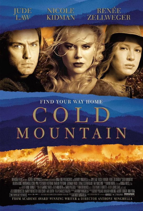 名称：冷山 Cold Mountain (2003)描述：美国南北战争时期，连连征战和南方军队的节节败退令士兵Inman(Jude Law 饰)心灰意冷，为了再见情人Ada(Nicole Kidman饰)，他离开部队，踏上了漫漫回家路