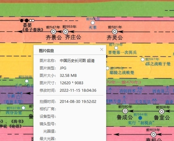 名称：中国历史长河一览图描述：图片以时间轴的方式纪录了历史发展中的各种重要事件，学历史必备