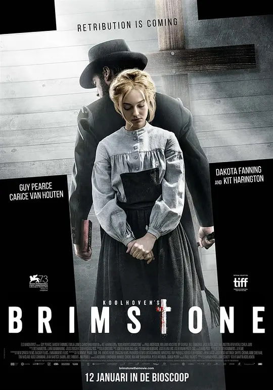 名称：悍女 Brimstone (2016)描述：故事发生在十七世纪的美国西部小镇中，哑女丽姿(达科塔·范宁 Dakota Fanning 饰)和丈夫伊莱(威廉·休斯顿 William Houston 饰)带着他们的孩子们生活在那里