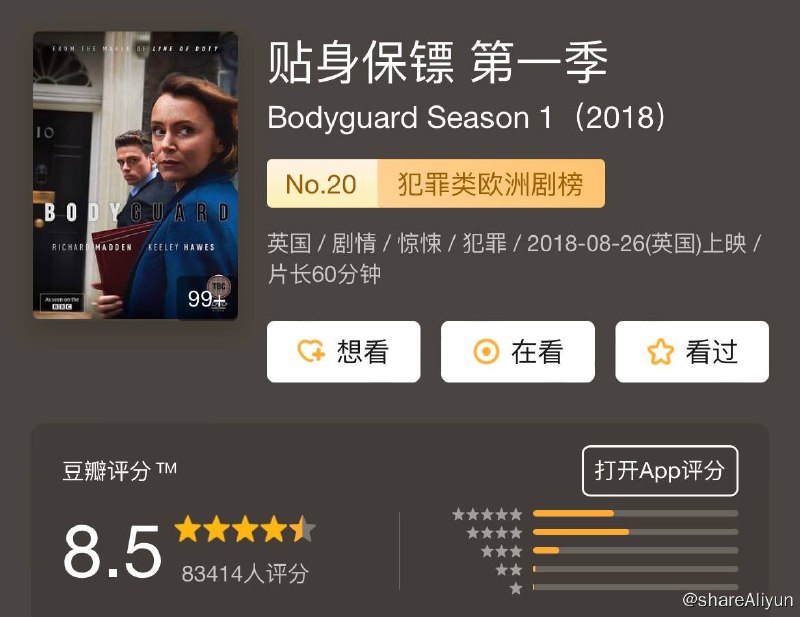 名称：贴身保镖 Bodyguard S01描述：虚构剧《贴身保镖》以政坛为背景，聚焦高层人物，讲述了英勇但易怒的退伍老兵戴维·巴德（理查德·麦登饰演）就职于伦敦警察厅要员保护局，在被派去保护野心勃勃而有影响力的内政大臣茱莉娅·蒙塔古（凯莉·霍威饰演）后，因职责与信念之间的冲突而左右为难