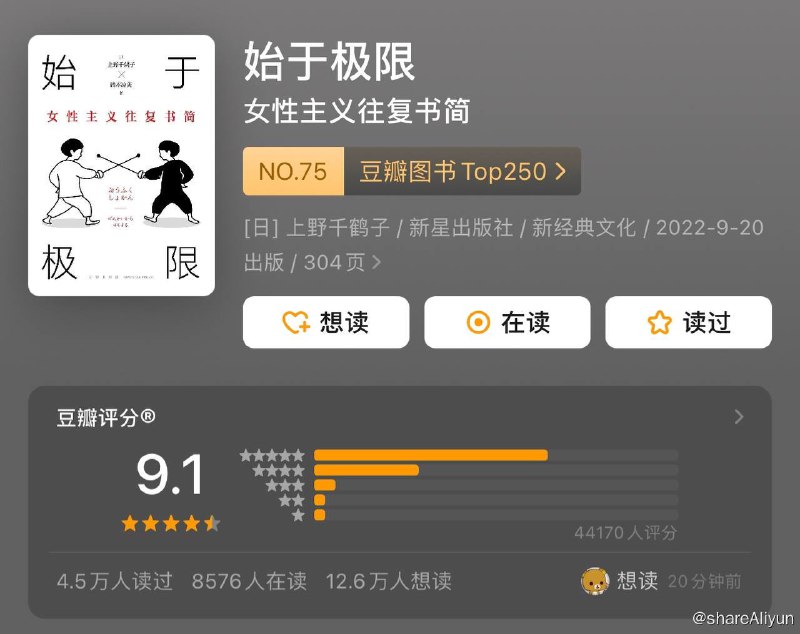 名称：始于极限 - 女性主义往复书简 [豆瓣周榜] [热门图书] [EPUB & AZW3 & MOBI 电子书]描述：⚡恋爱与性、婚姻、男人、工作、独立、自由等，围绕12大主题聊透女性内心深处的愤怒与困境每一位女性都是生活的幸存者，她们迷茫，她们反抗，她们故作坚强实则遍体鳞伤链接：