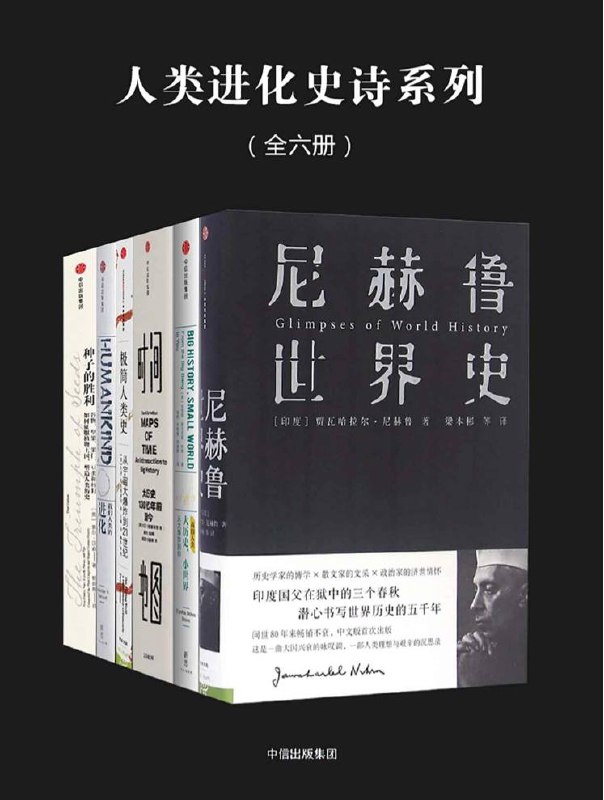 名称：【全六册】 人类进化史诗系列 | 电子书籍描述：人类进化史诗系列由《大历史，小世界：从大爆炸到你》、《我们人类的进化：从走出非洲到主宰地球》、《时间地图》、《极简人类史》、《尼赫鲁世界史》和《种子的胜利：谷物、坚果、果仁、豆类和核籽如何征服植物王国，塑造人类历史》共6册组成