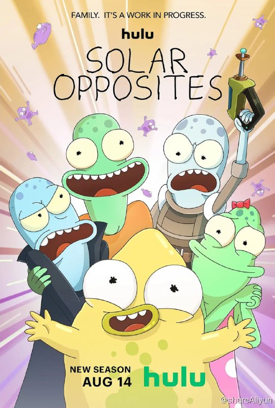 名称：外星也难民 第四季 Solar Opposites (2023) 更6描述：《瑞克和莫蒂 Rick and Morty》主创之一Justin Roiland为Hulu制作了动画《外星也难民 Solar Opposites》，这部动画讲述外星人家庭的主角们原本生活在更优质的世界，但现却在美国中部当难民，他们也搞不清此事究竟是好是坏