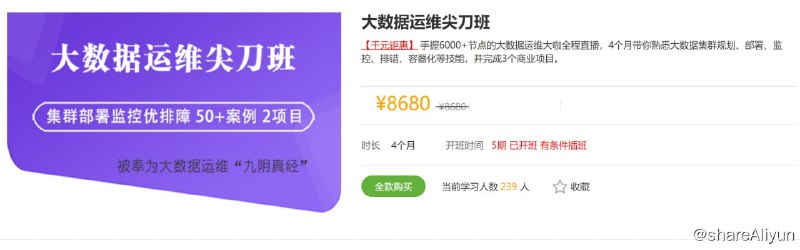 名称：【大讲台】大数据运维尖刀班 - 2期描述：手握6000+节点的大数据运维大咖全程直播，4个月带你熟悉大数据集群规划、部署、监控、排错、容器化等技能，并完成3个商业项目