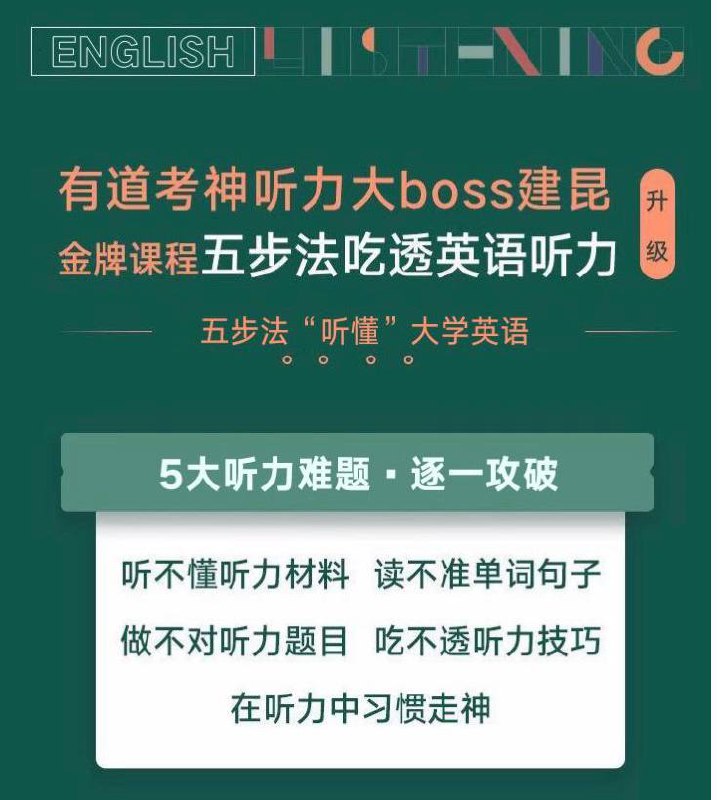 名称：【金牌课程】五步法吃透英语听力描述：独创“五步法”教学课程1.听力测试：四六级/专四专八/雅思听觉唤醒2.查阅翻译：理解单词、短语、句子释义3.跟读原文：纠正口语发音，学习发音现象4.裸听测试：逐句精听，听懂单词5.听写训练：四遍式循环听写，理解听力材料链接：