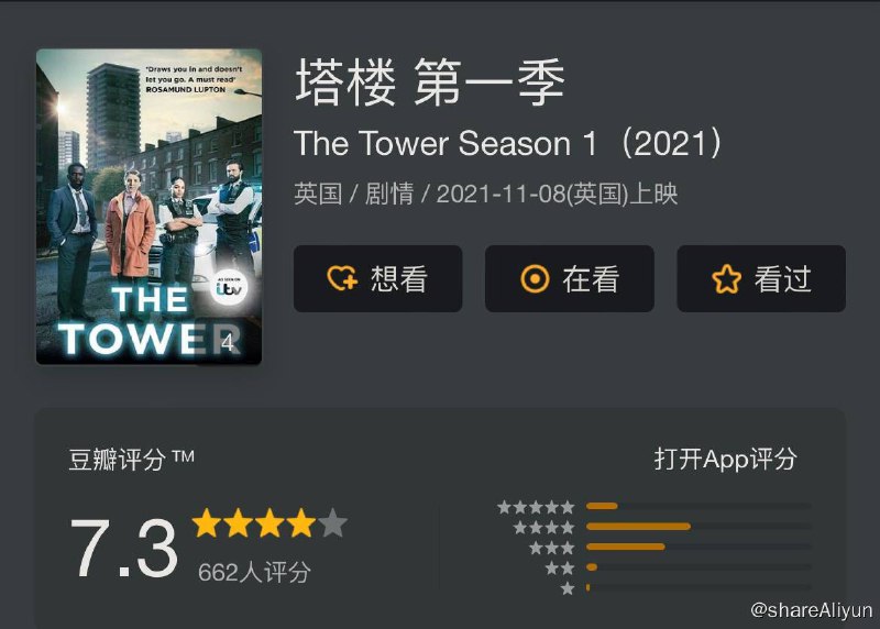 名称：塔楼 The Tower S1描述：国土安全 Homeland》的幕后Patrick Harbinson为ITV开发小说改编的3集剧《塔楼 The Tower》，根据Kate London小说改编的《塔楼》讲述一名老巡警及一名少女从伦敦东南部一座塔楼坠落身亡，而在屋顶上的五岁孩子及新人警官Lizzie Griffiths则双双失踪