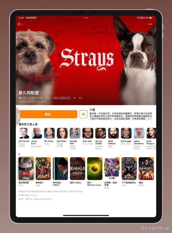 名称：流浪狗 / 复仇狗联盟 Strays (2023) 2160p HDR&DV 外挂双语 (人工翻译字幕) 【刮削】描述：该片为真人和CGI结合的R级喜剧片，讲述被遗弃的小狗雷吉和其他流浪狗联手报复前主人的故事
