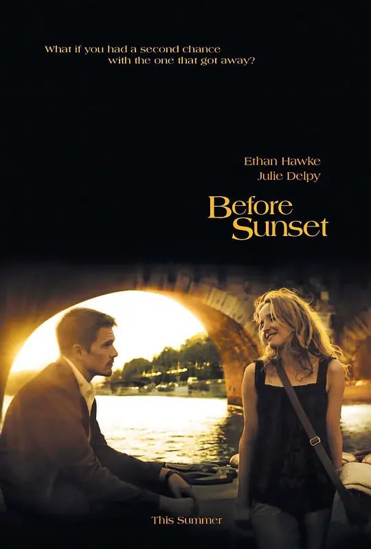 名称：爱在日落黄昏时 Before Sunset (2004)描述：九年前，杰西(伊桑·霍克 Ethan Hawke 饰)与席琳(朱莉·德尔佩 Julie Delpy 饰)在火车上不期而遇，怦然心动