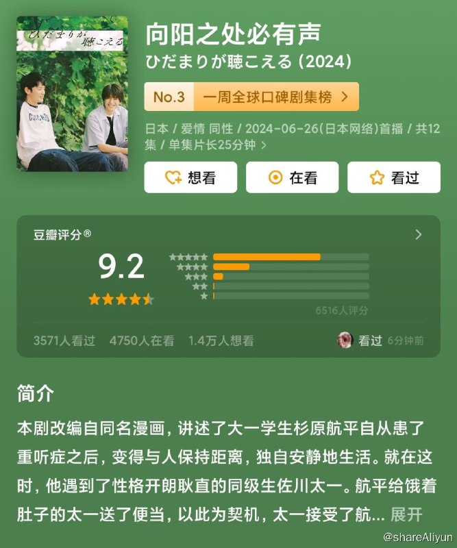 名称：向阳之处必有声[2024][豆瓣9.2].更05描述：本剧改编自同名漫画，讲述了大一学生杉原航平自从患了重听症之后，变得与人保持距离，独自安静地生活