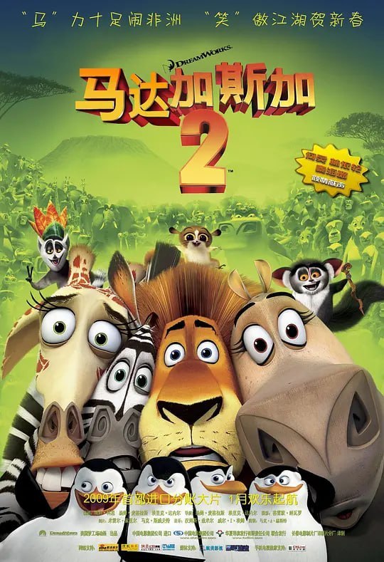 名称：马达加斯加2：逃往非洲 Madagascar Escape 2 Africa (2008)描述：延续前一集的剧情，狮子亚历克斯(本·斯蒂勒 Ben Stiller 配音)、斑马马蒂(克里斯·洛克 Chris Rock 配音)、长颈鹿迈尔曼(大卫·休默 David Schwimmer 配音)、河马格洛里亚(贾达·萍克·史密斯 Jada Pinkett Smith 配音)以及企鹅们，为了能离开马达加斯加岛回到五光十色的纽约，对一架破旧的失事飞机进行维修改造，并成功起飞