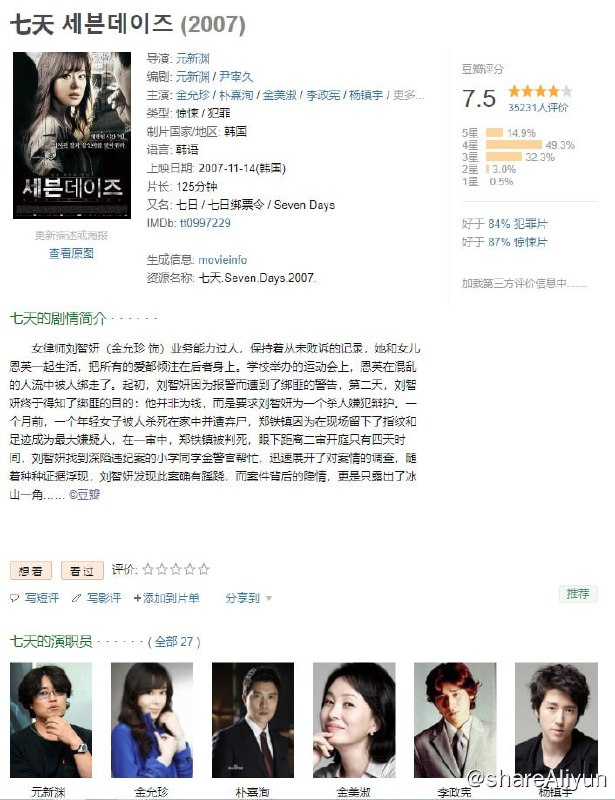 名称：七天  (2007) BD1080p 中文字幕描述：张小斐×李鸿其×惠英红 主演新电影《拯救嫌疑人》即将院线上线，翻拍自韩国的《七天》链接：