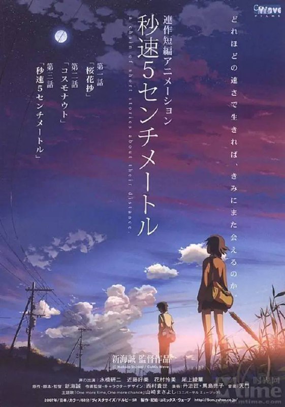 名称：秒速五厘米描述：《秒速五厘米》是新海诚创作的一部写实动画电影，于2007年3月3日在日本正式上映