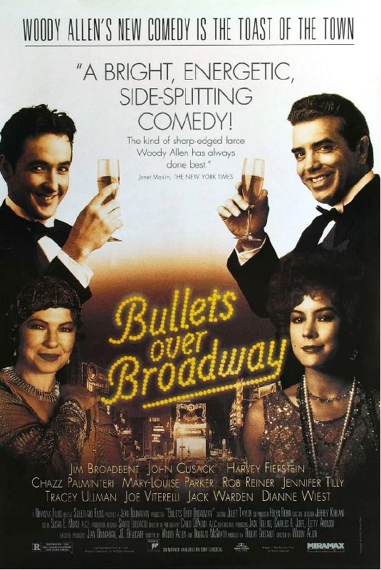 名称：子弹横飞百老汇 Bullets Over Broadway (1994)描述：长久以来，剧作家大卫（约翰·库萨克 John Cusack 饰）都过着郁郁不得志的生活，艺术家特有的清高让他对如今腐败混乱的话剧界充满了失望之情