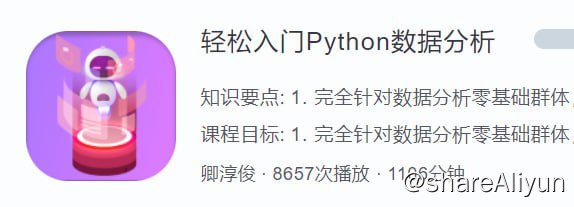 名称：【蜗牛学院】 轻松入门Python数据分析 - 带源码课件描述：1. 完全针对数据分析零基础群体，真正零基础教学，只要会加减乘除就能学会 2. 对比式教学，一门课程学两门技术，性价比超高