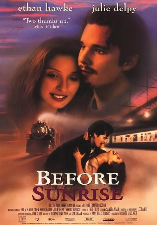 名称：爱在黎明破晓前 Before Sunrise (1995)描述：美国青年杰西(伊桑·霍克 Ethan Hawke 饰)在火车上偶遇了法国女学生塞琳娜(朱莉·德尔佩 Julie Delpy 饰)，两人在火车上交谈甚欢